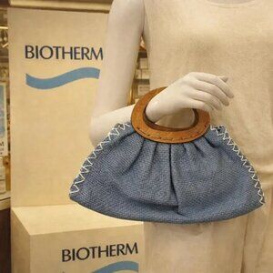Blue Biotherm Clutch | 1970s Vintage Makeup Bag | Cosmetic Pouch + Wood Handle